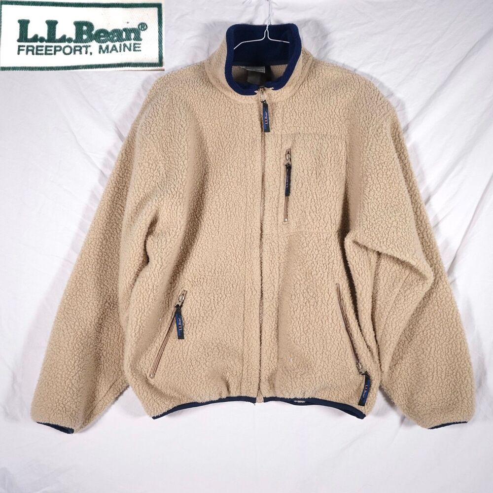 Vintage L.L.Bean Freeport Maine Sherpa Fleece Jacket Tan Beige Measures XL